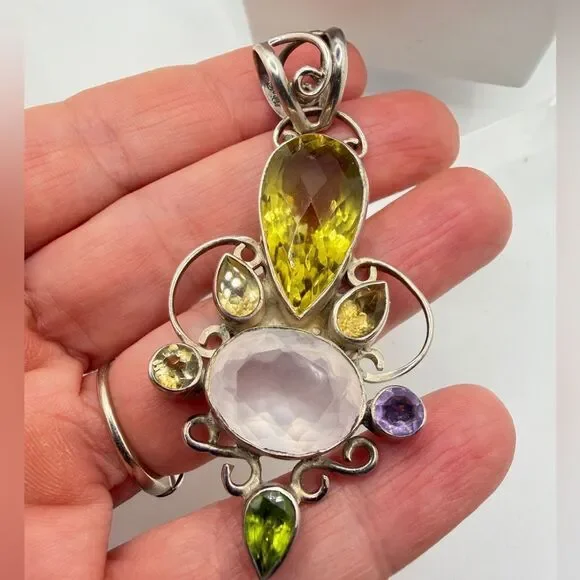 2.5" long, faceted multi-gemstone and sterling silver pendant! - Picture 6 of 10